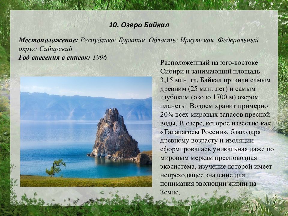 Описание природного объекта. Объекты Всемирного природного наследия в России озеро Байкал. Всемирное наследие Байкал. Озеро Байкал объект Всемирного наследия доклад. Озеро Байкал всемирное наследие России.