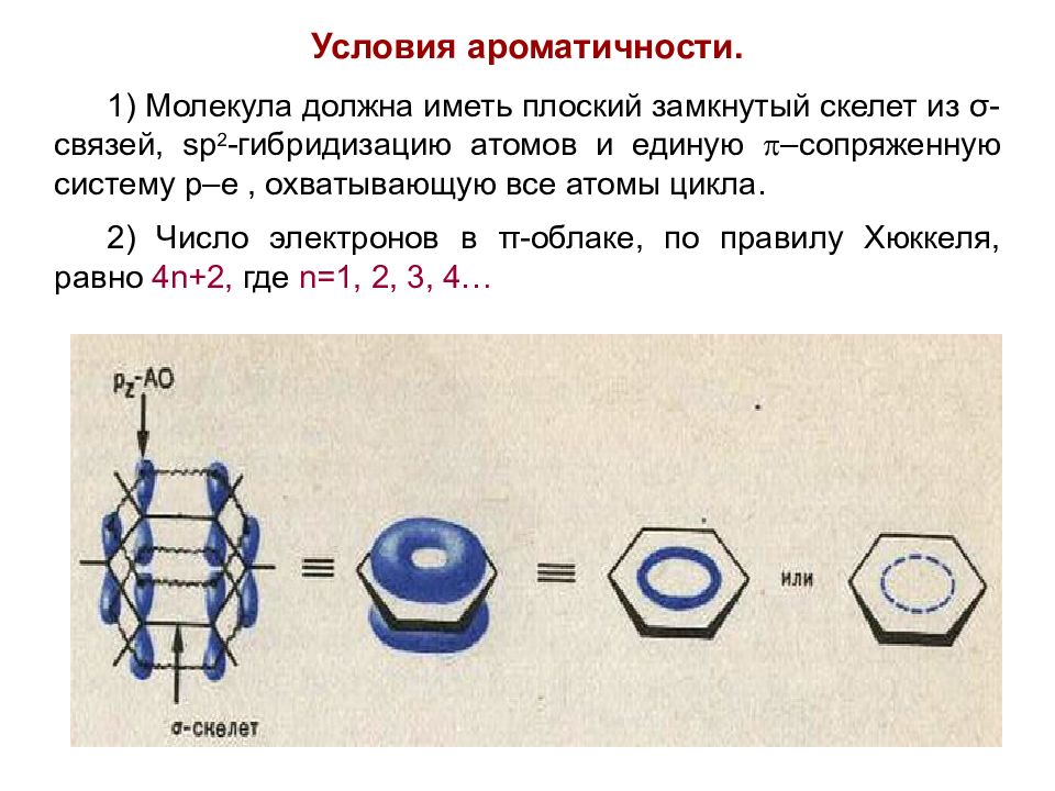 Плоская молекула. Ароматичность критерии ароматичности правило Хюккеля. Пиридин правило Хюккеля. Условия ароматичности. Признаки ароматичности.