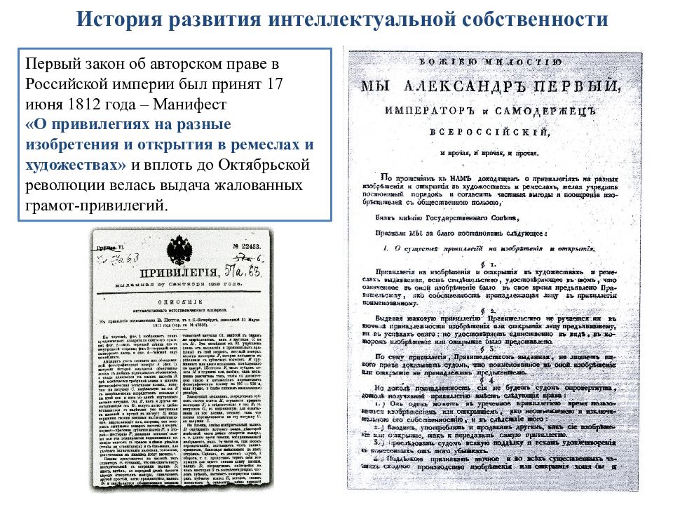 Положение о правах. Манифест о привилегиях 1812 года. История интеллектуальной собственности. История развития собственности. Историческое развитие права интеллектуальной собственности.