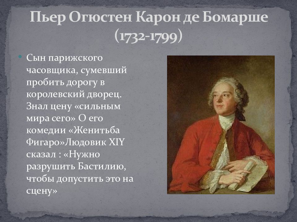 Де бомарше. Пьер Огюстен Карон де Бомарше (1732-1799). П О Карон де Бомарше. Пьеро Огюстен Карон де Бомарше. Достижения картона де Бормаше..