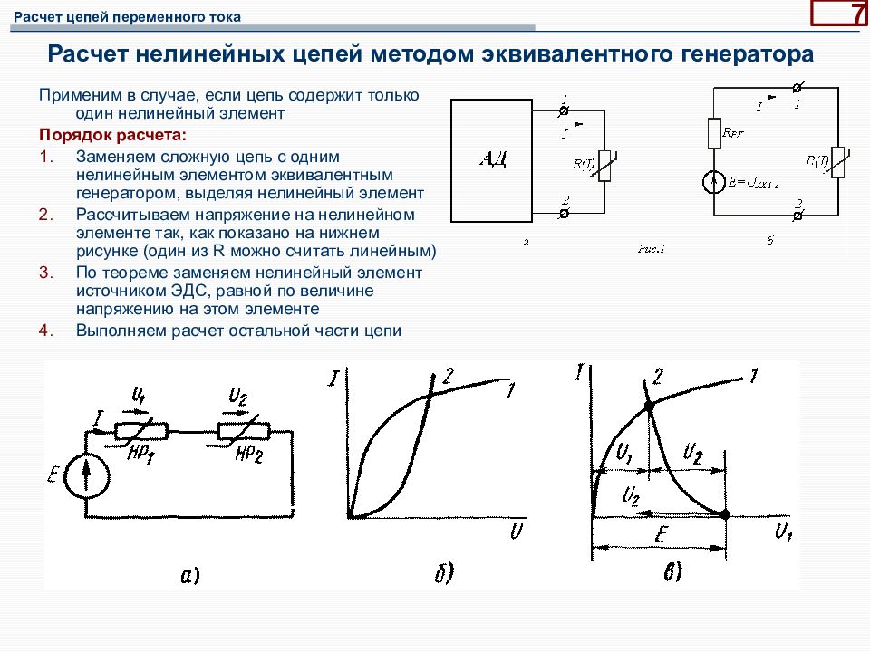 Характеристики переменного тока. Метод расчетов нелинейных электрических цепей. Генератор тока в эквивалентных схемах. Метод эквивалентного генератора для нелинейных цепей. Сопротивление эквивалентного генератора.