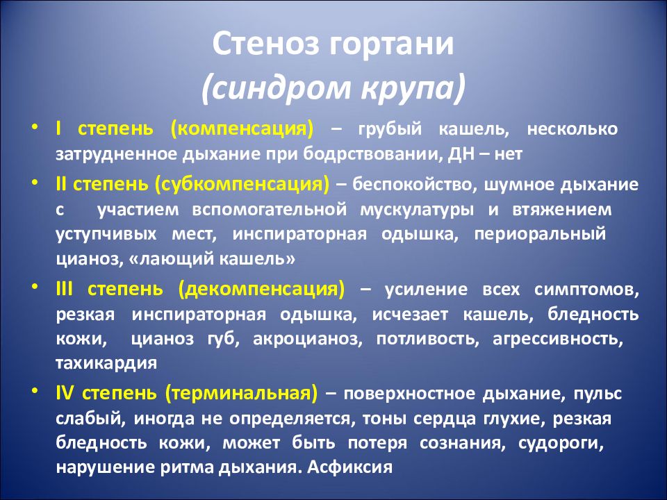 Стеноз гортани у детей. Степени ложного крупа у детей. Стадии ложного крупа.