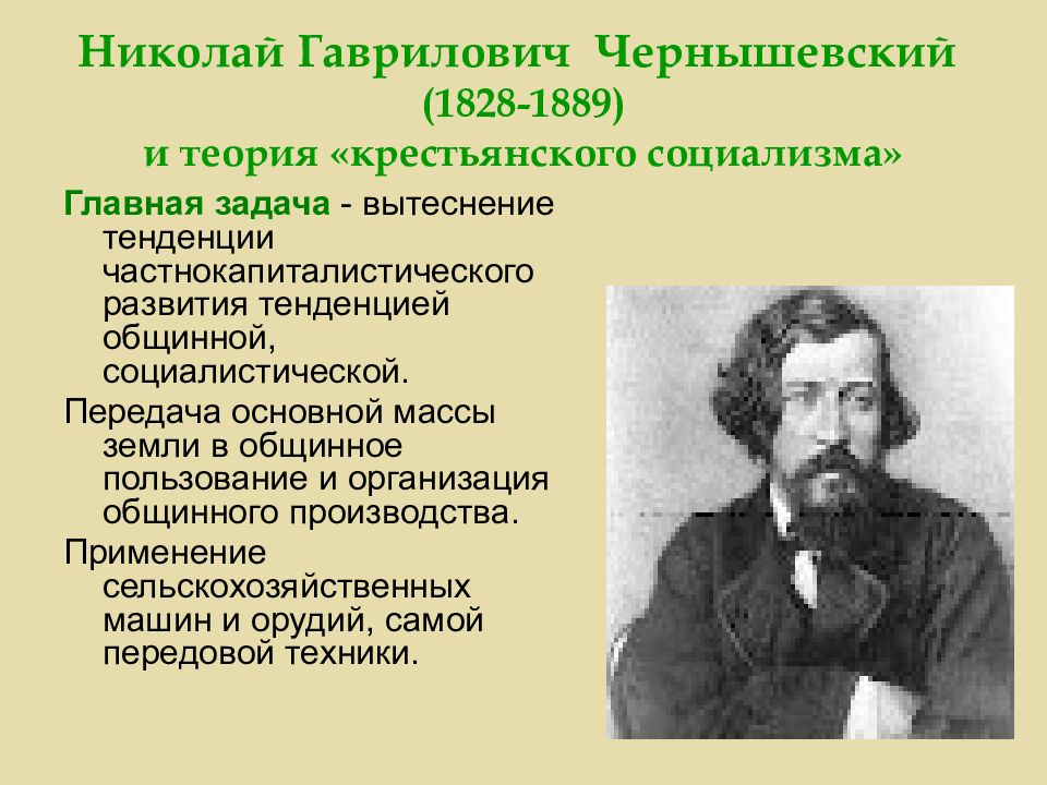 Народничество теория общинного социализма. Николай Гаврилович Чернышевский (1828–1889). Н Г Чернышевский идеи. Чернышевский основные идеи. Николай Гаврилович Чернышевский теория социализма.