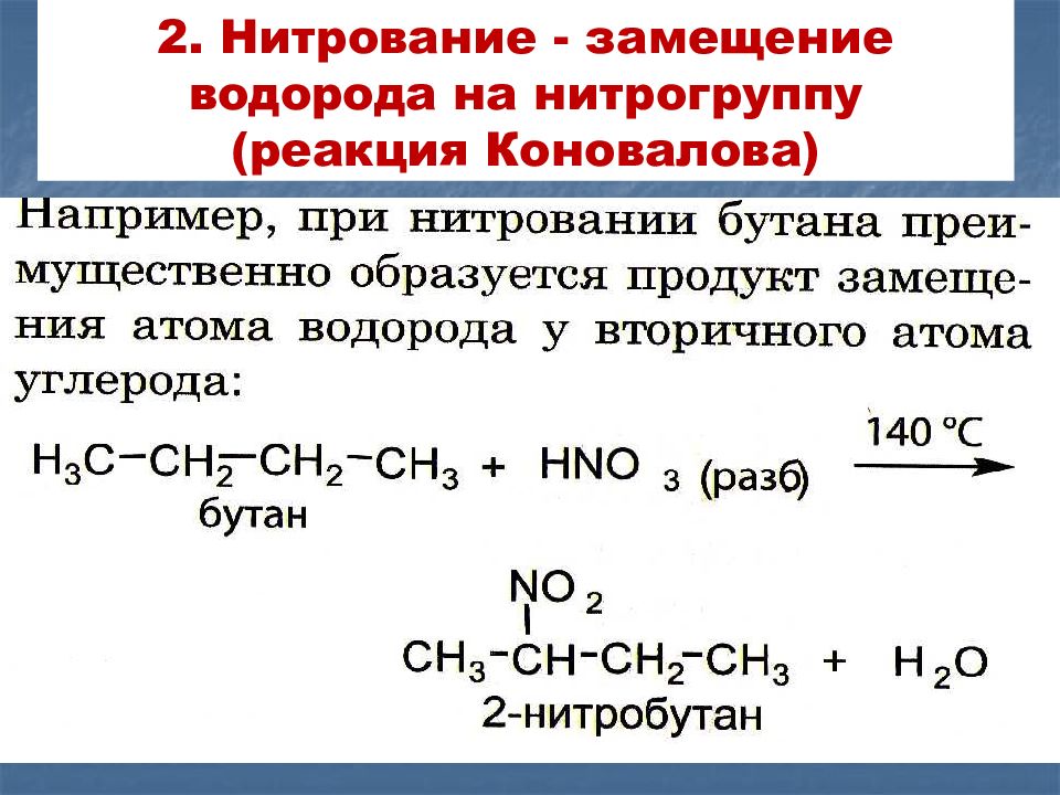 Реакции замещения атома водорода. Реакция Коновалова с метаном. Реакция замещения бутана. Нитрование алканов. Качественная реакция на алканы.