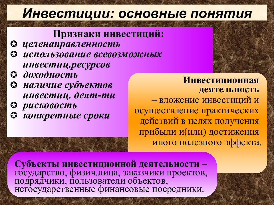 Область деятельности понятие. Инвестиции основные понятия. Понятие инвестиций. Признаки инвестиций. Признаки инвестиционной деятельности.