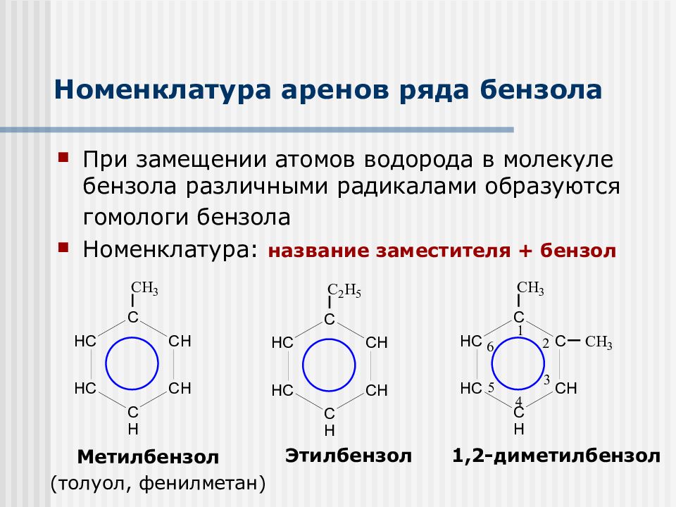 Гомологи молекулярная. Номенклатура гомологов бензола. Арены бензол изомерия и номенклатура. Номенклатура ароматических углеводородов ряда бензола. Формула гомологов бензола формула.