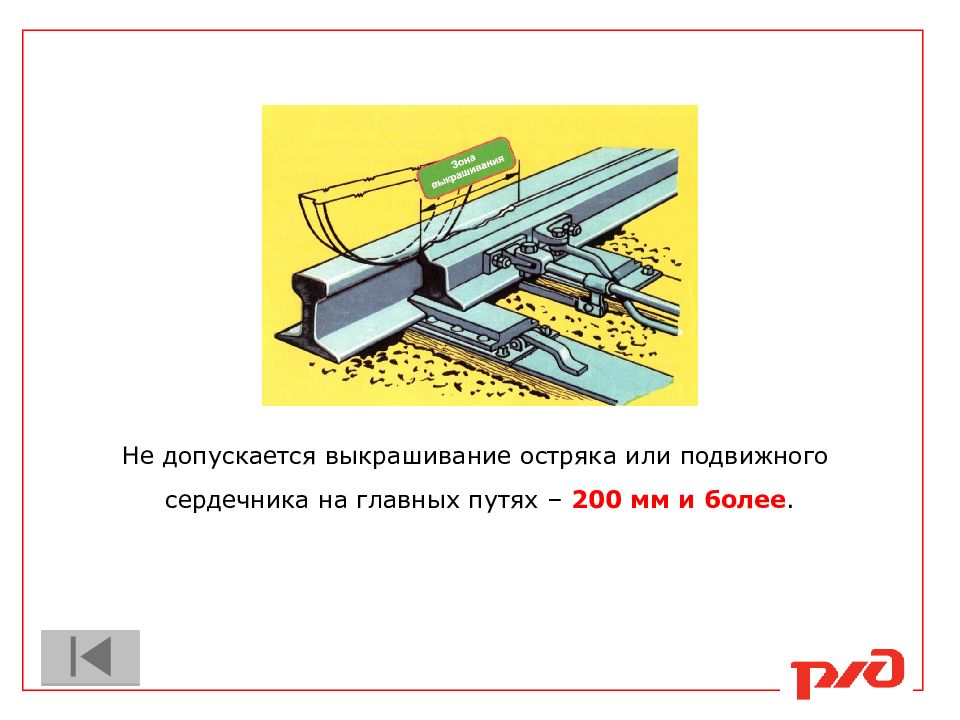 Выкрашивание на приемоотправочных путях недопустимое. Выкрашивание остряка на главных путях. Выкрашивание сердечника крестовины. Зазор между подошвой остряка и и подушкой стрелочного башмака. Подошва остряка.