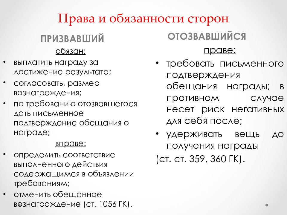 Обязанности сторон. 3. Права и обязанности сторон. Обязательства из односторонних действий. Обязанность выплатить награду возникает. Требование отзывается как понять.