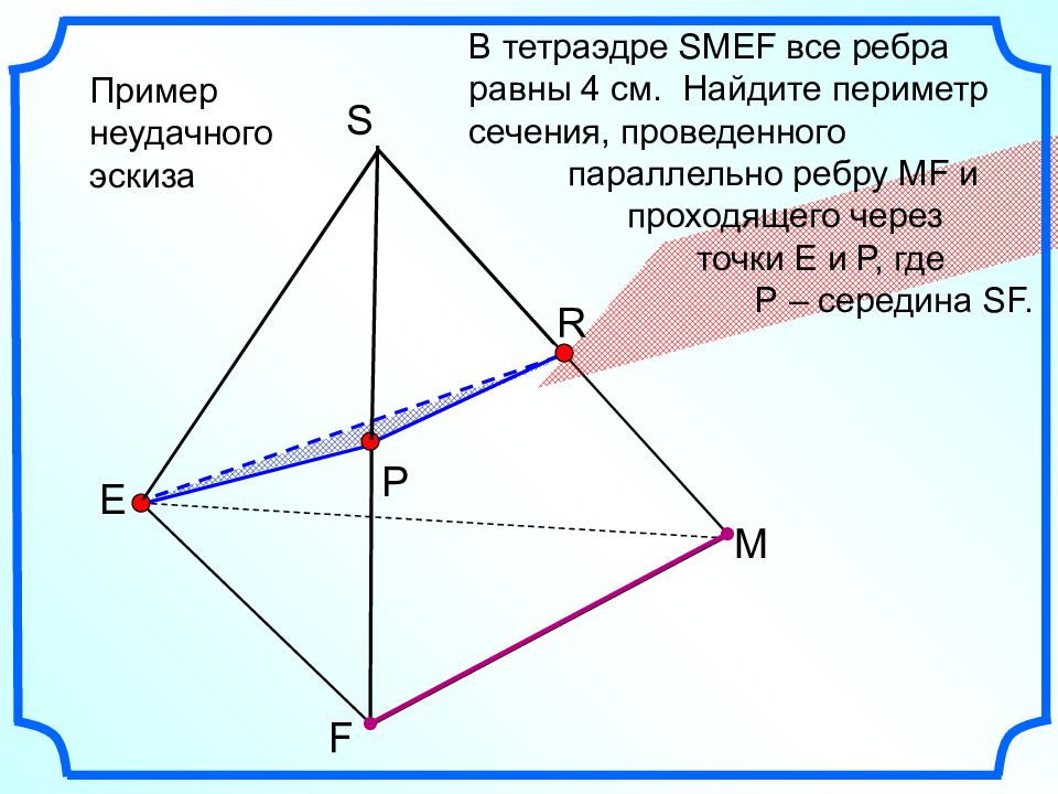 Параллельно проведенный. В треугольной пирамиде smef все ребра равны 4. Периметр сечения тетраэдра. В тетраэдре все ребра равны. Как найти периметр сечения тетраэдра.