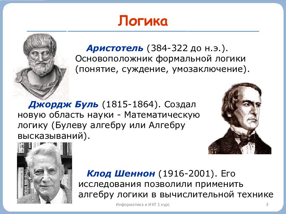 Какой ученый разработал основы алгебры логики. Алгебра логика Информатика Аристотель Джордж Буль Клод Шеннон. Основоположник логики. Ученые логики. Осноаатель формальной логике.