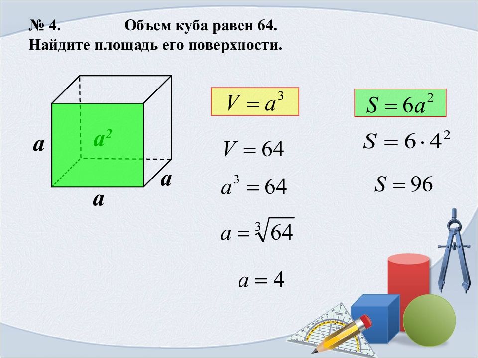 Объем куба 64 найти площадь поверхности