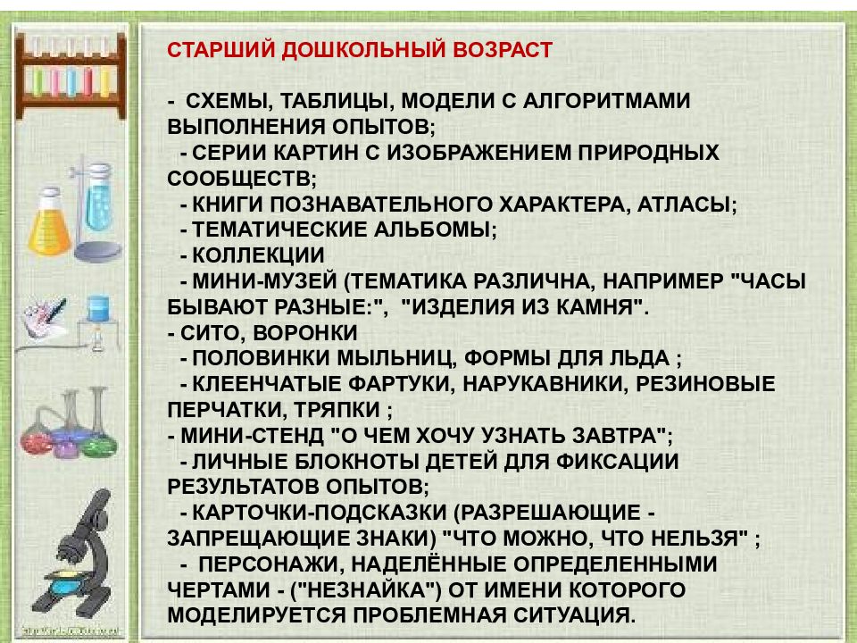 Схемы таблицы модели с алгоритмами выполнения опытов в старшей группе