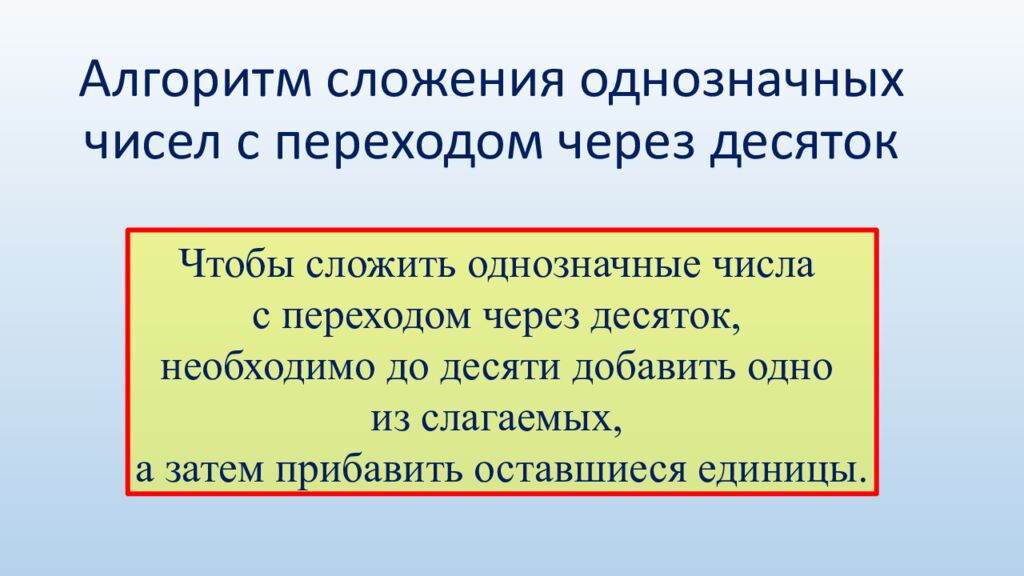 Алгоритм сложения однозначных чисел с переходом через десяток