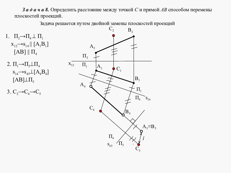 Решение задачи определить расстояние между двумя параллельными прямыми представлено на рисунке