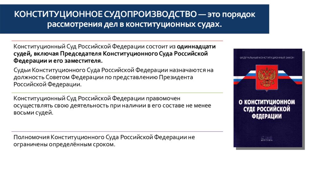 КОНСТИТУЦИОННОЕ СУДОПРОИЗВОДСТВО  — это порядок рассмотрения дел в конституционных судах.