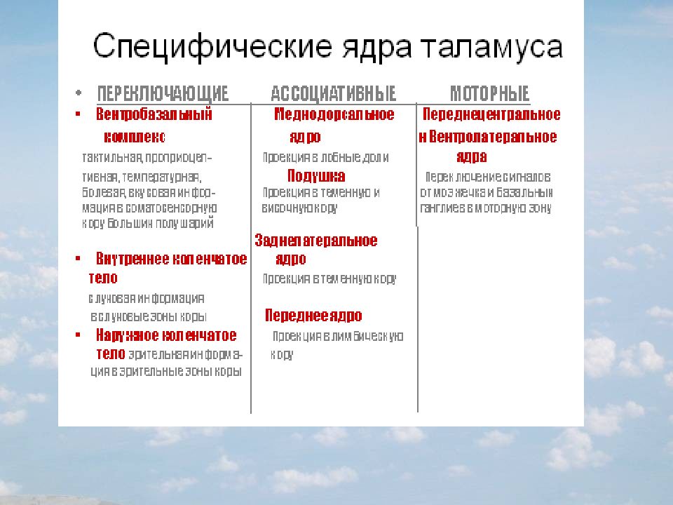 Специфические ядра таламуса получают информацию от. Специфические ядра таламуса функции. Ядра таламуса таблица. Специфические ядра таламуса распределяют информацию в. Специфические ядра структуры.