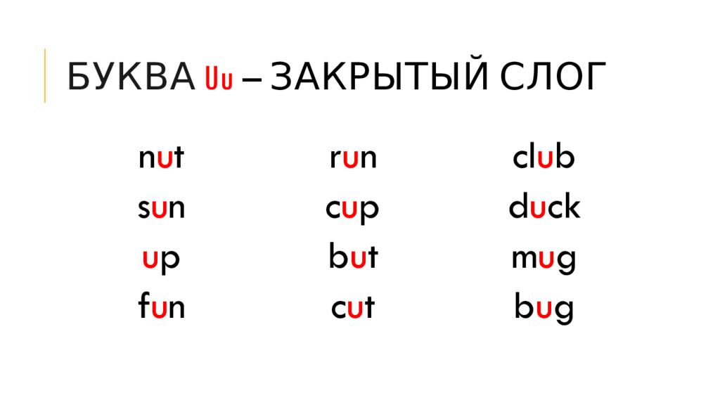 Буква u u – закрытый слог
