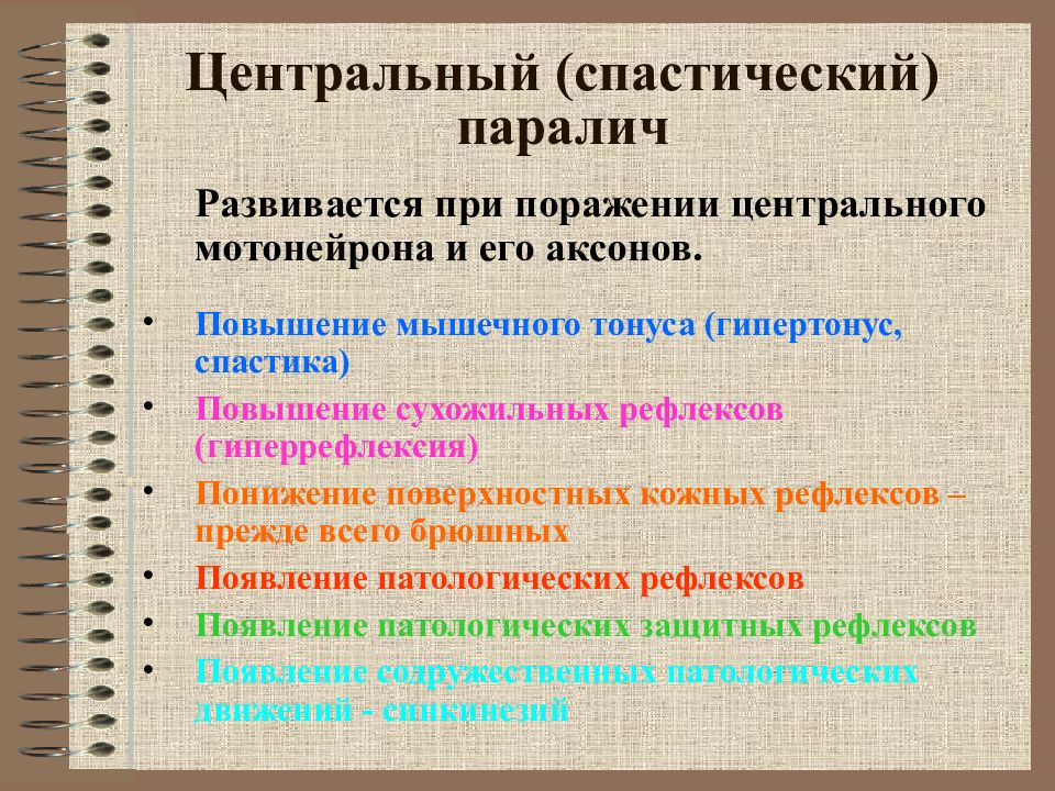 Активные нарушения. Центральный спастический паралич. Центральный паралич развивается при поражении:. Симптомы центрального спастического паралича. Спастический паралич развивается при поражении.