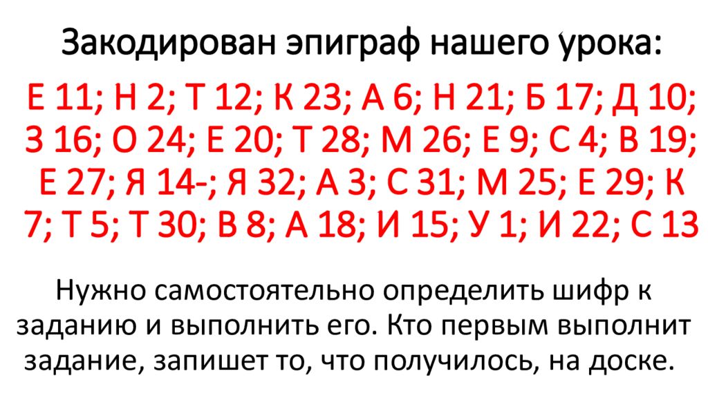Закодирован эпиграф нашего урока : Е 11; Н 2; Т 12; К 23; А 6; Н 21; Б 17; Д 10; З 16; О 24; Е 20; Т 28; М 26; Е 9; С 4; В 19; Е 27; Я 14-; Я 32; А 3; С 31; М