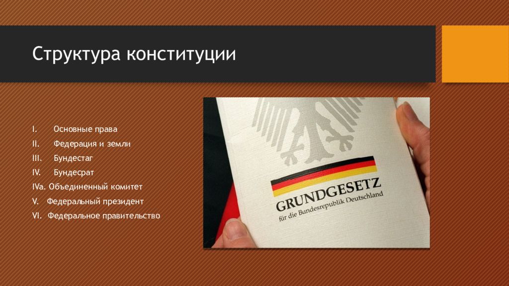 Конституция германии текст. Структура Конституции Германии. Конституция Германии презентация. Структура Конституции ФРГ. Конституция Германии 1949.