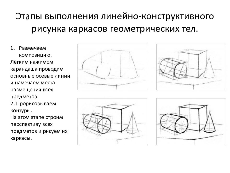 Конструктивная методика. Конструктивный рисунок геометрических тел. Линейно-конструктивный рисунок геометрических тел. Метод конструктивного рисунка. Техники исполнения рисунка.