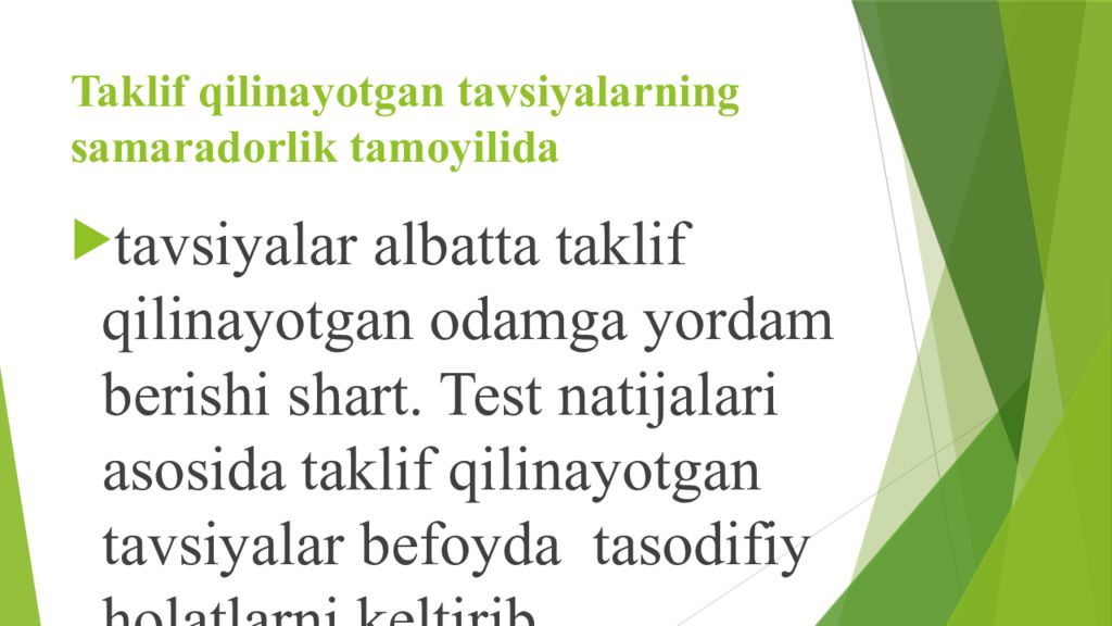 PSIXODIAGNOSTIKA VA EKSPERIMENTAL PSIXOLOGIYA FANIGA KIRISH Taklif qilinayotgan tavsiyalarning samaradorlik tamoyilida