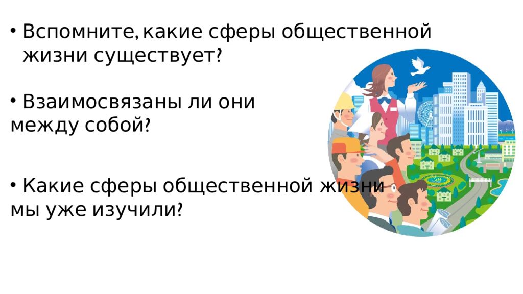 Вспомните, какие сферы общественной жизни существует? Взаимосвязаны ли
