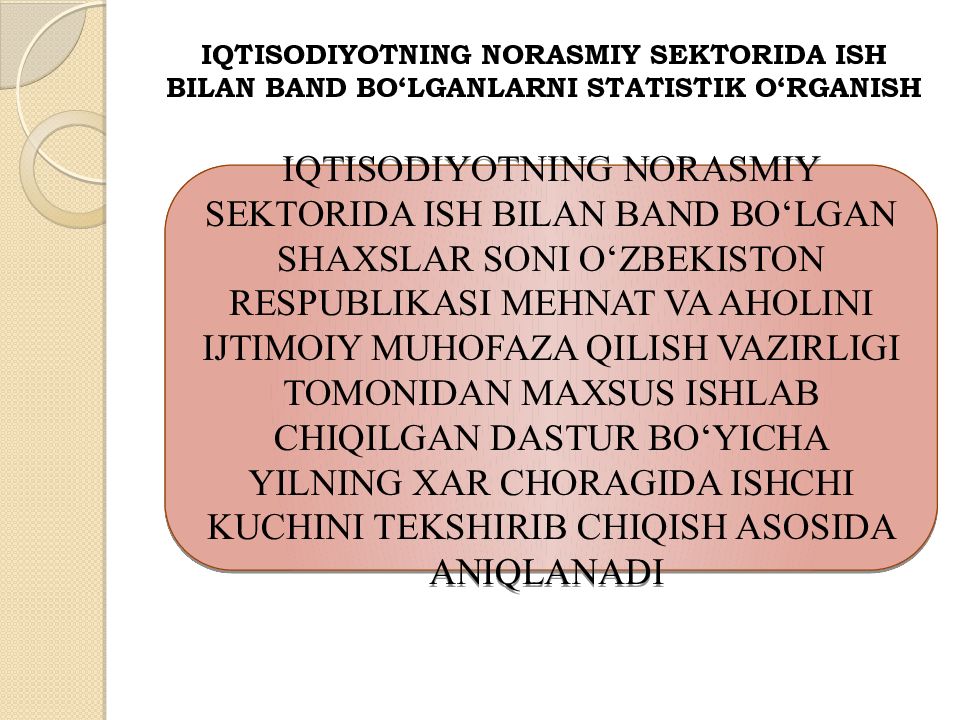 Mavzu:Mehnat resurslari balansi Iqtisodiyotning norasmiy sektorida ish bilan band bo‘lganlarni statistik o‘rganish