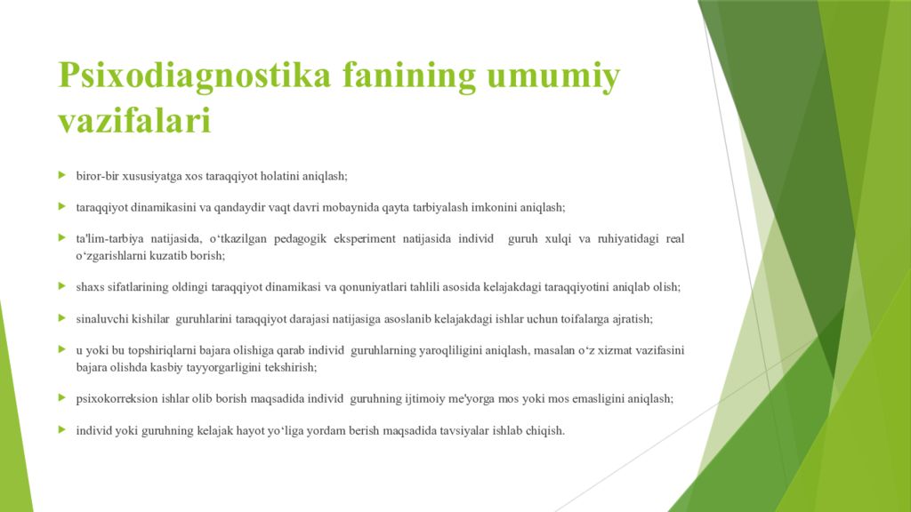 PSIXODIAGNOSTIKA VA EKSPERIMENTAL PSIXOLOGIYA FANIGA KIRISH Psixodiagnostika fanining umumiy vazifalari