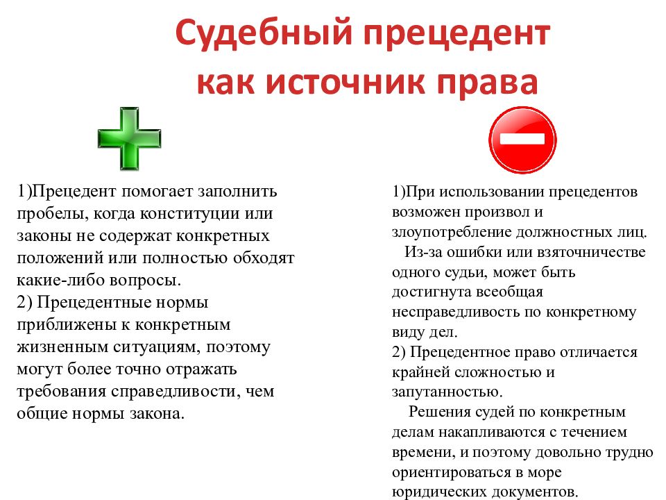 Правовой плюс. Преимущества и недостатки судебного прецедента. Правовой прецедент достоинства и недостатки. Юридический прецедент плюсы и минусы. Минусы судебного прецедента.