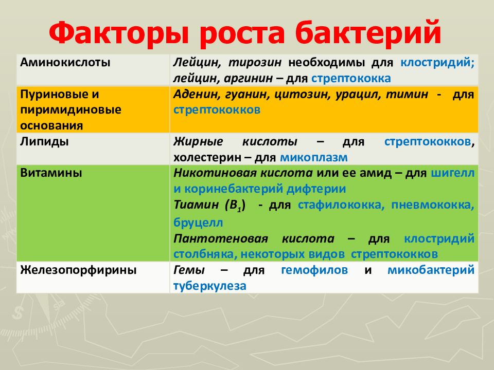 Фактор ростов. Факторы роста бактерий.