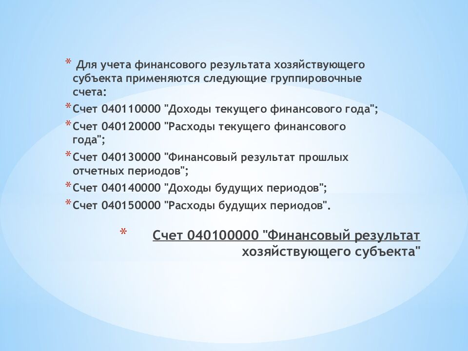 Счет 040100000 "Финансовый результат хозяйствующего субъекта"