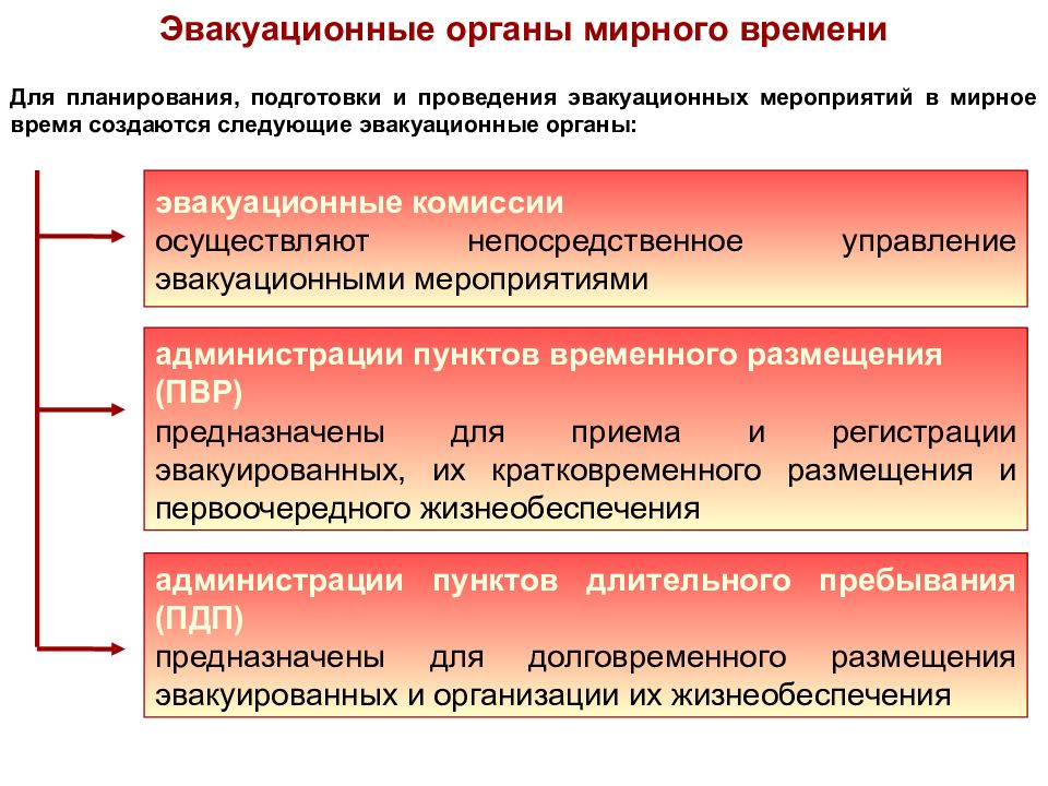 Проведение эвакуации. Организация и выполнение эвакуационных мероприятий. Органы подготовки и проведения эвакуации. Задачи эвакуационных органов. Организация и осуществление эвакуационных мероприятий..