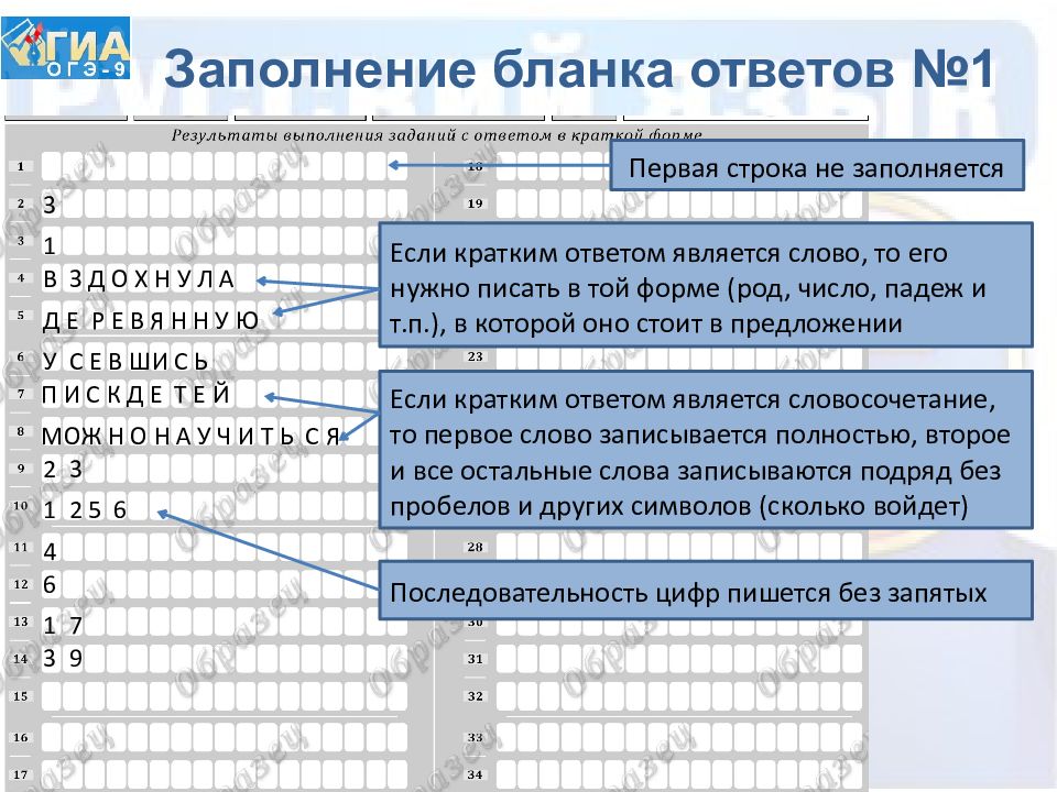 Образец заполнения бланка огэ по математике 9 класс