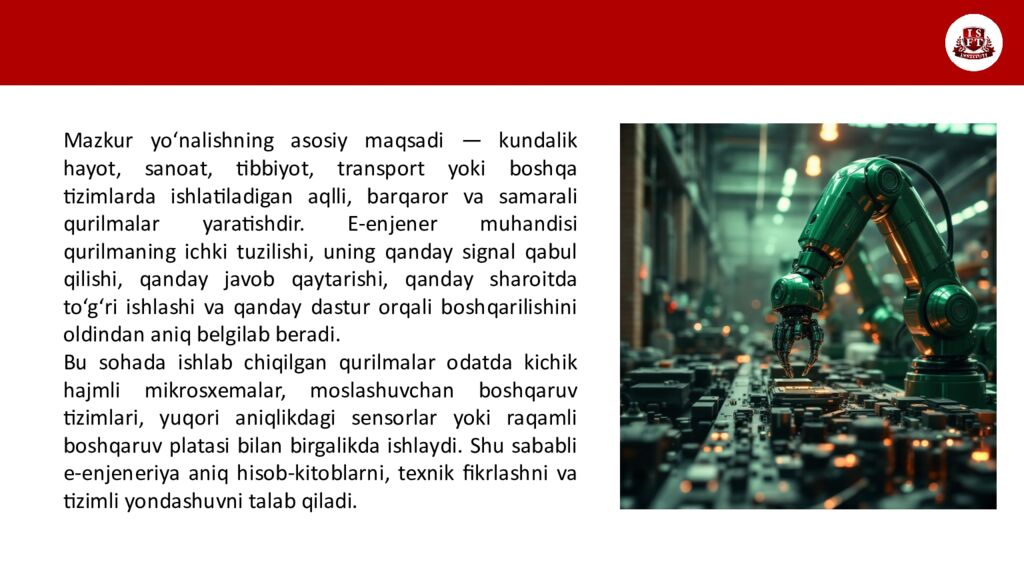 INTERNATIONAL SCHOOL OF FINANCE TECHNOLOGY AND SCIENCE ISFT – 202 5 MAVZU : E-