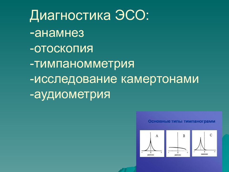 При использовании эсо. Диагностика экссудативного среднего отита тимпанометрия. ЭCO.