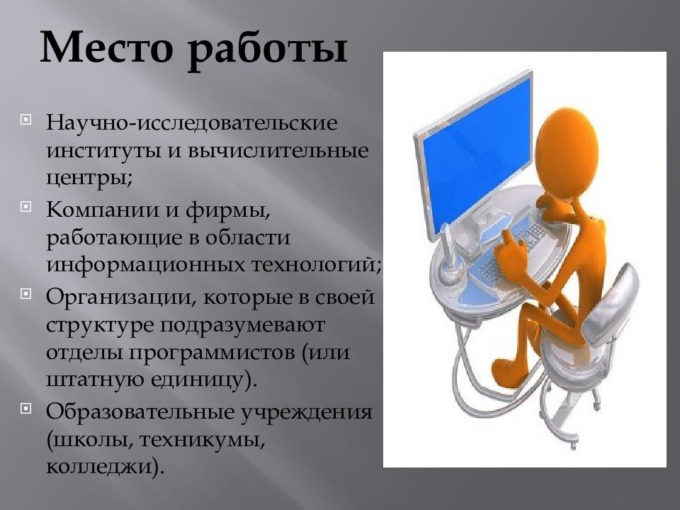 Где место работы. Программист требования к профессии. Факты о профессии программист. Разработчик презентаций место работы. Подразделения профессии программист.