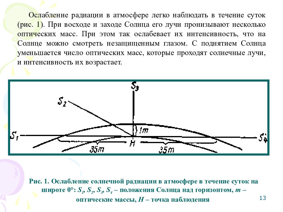 Наблюдать течение. Ослабление солнечной радиации. Ослабление солнечной радиации в атмосфере. Оптическая масса атмосферы. Закон ослабления радиации в атмосфере.