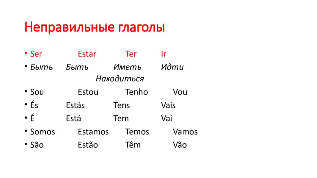 Ir спряжение испанский. Неправильные глаголы португальского языка таблица. Спряжение глагола ser в португальском.