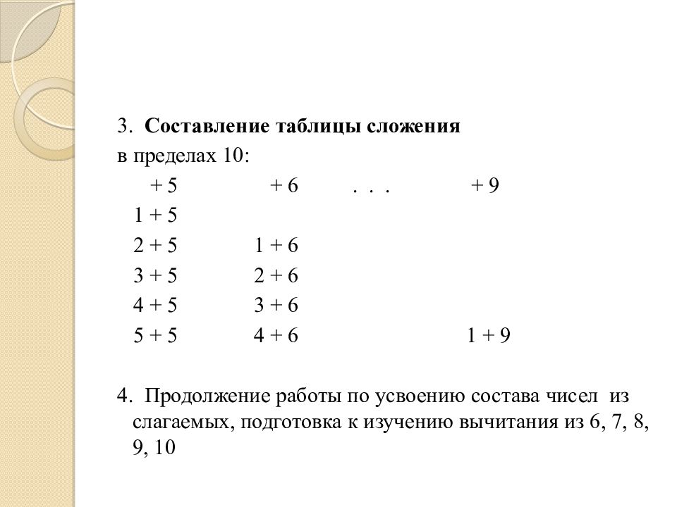 Составление таблицы. Изучение табличного сложения и вычитания в пределах 10. Составление таблицы □ ± 2.. Составление таблицы +-3. Продолжить составление таблицы.