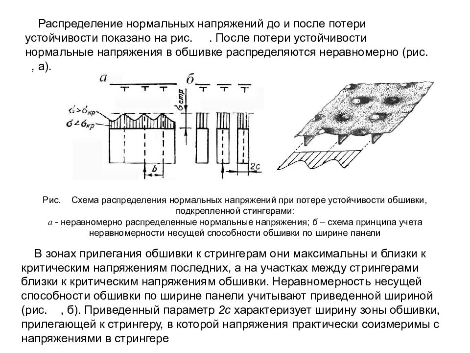 Распределение напряжений. Силовой элемент конструкции самолета ГОСТ. Распределение напряжений в бетоне. Потеря устойчивости обшивки.