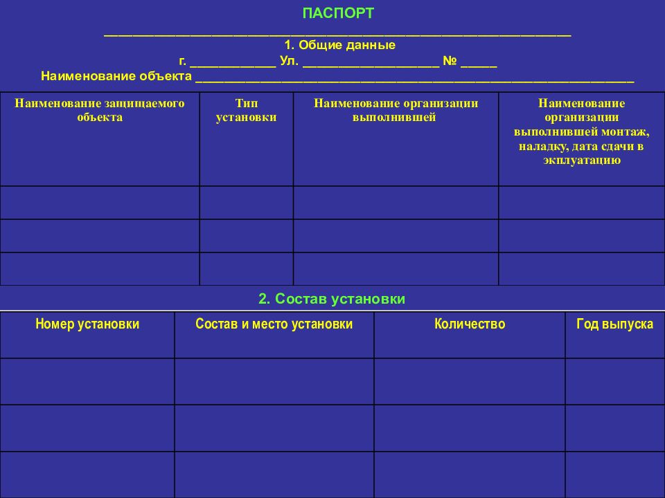 Наименование окс. Наименование объекта установки. Паспорт установки пожарной автоматики. Неполная форма ППР. Тип установки Дата монтажа наименования объекта.