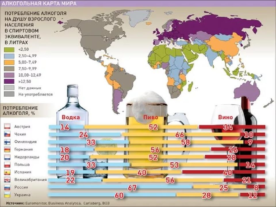 Потребление алкогольных напитков. Статистика алкоголизма в мире на карте.