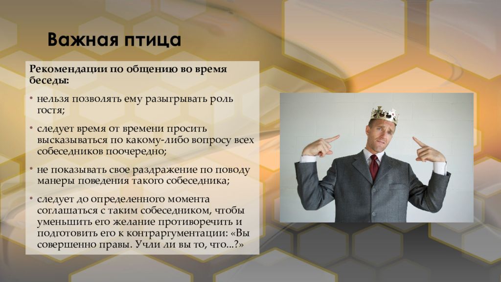 Важные советы. Важная птица Тип собеседника. Вздорный Тип человека. Типы собеседников презентация. Важная птица человек.