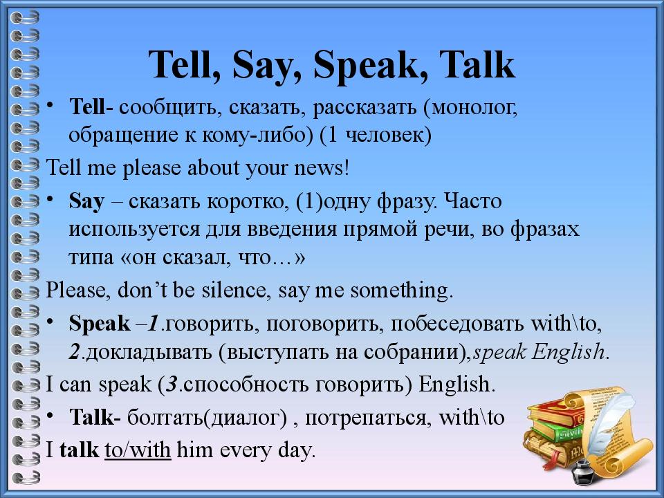 Tell a word. Разница между словами tell say talk speak. Разница между talk speak tell. Глаголы say speak tell talk. Say talk speak tell отличия.