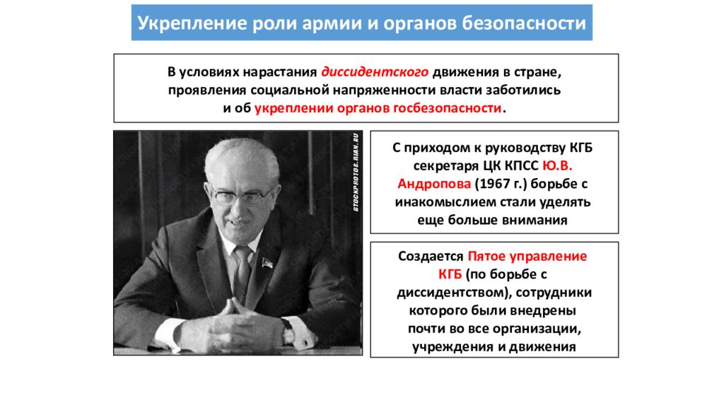 Усиление роли кпсс. Укрепление роли армии и органов безопасности 1967. Внутренняя политика СССР В 1960-1980 презентация. Внутренняя политика союзов середине 80. Кто создал пятое управление КГБ по борьбе с диссидентством?.