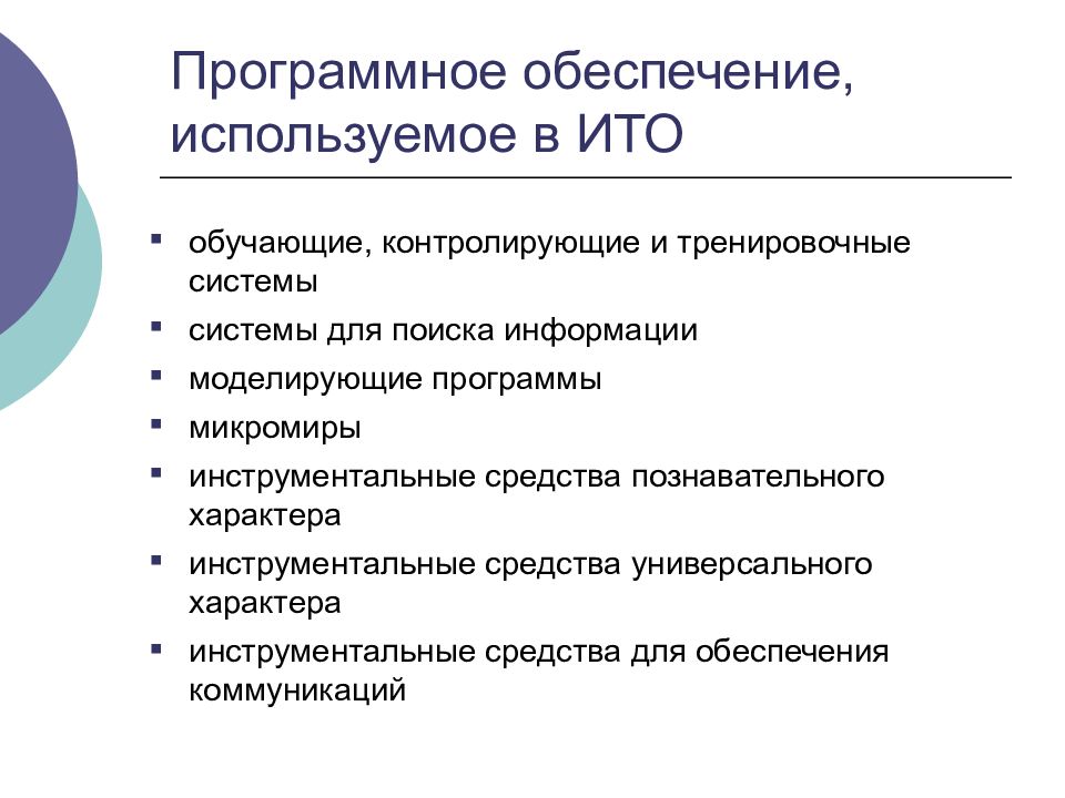 Обеспечение использования. Моделирующие программы в обучении. Тренировочные и контролирующие обучающие программы. Классификация Ито (информационных технологий обучения). Обеспечение коммуникаций.