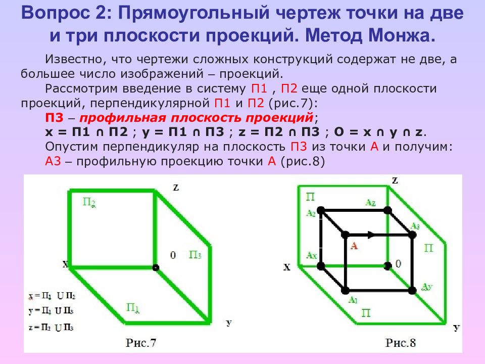 Прямоугольный чертеж точки на 2 и 3 плоскости проекций