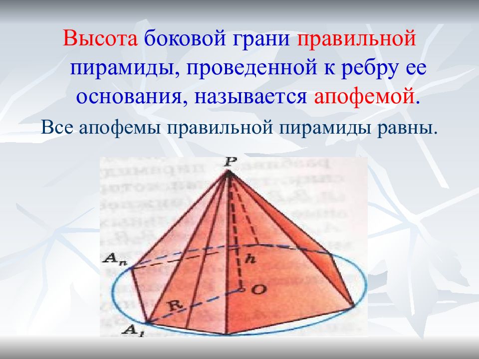 Боковые грани правильной пирамиды равны. Апофема грани пирамиды. Апофема боковой грани Призмы. Апофема шестиугольной пирамиды. Высота боковой грани правильной пирамиды.