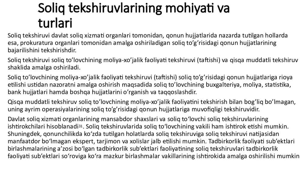 Soliq nazorati Soliq tekshiruvlarining mohiyati va turlari